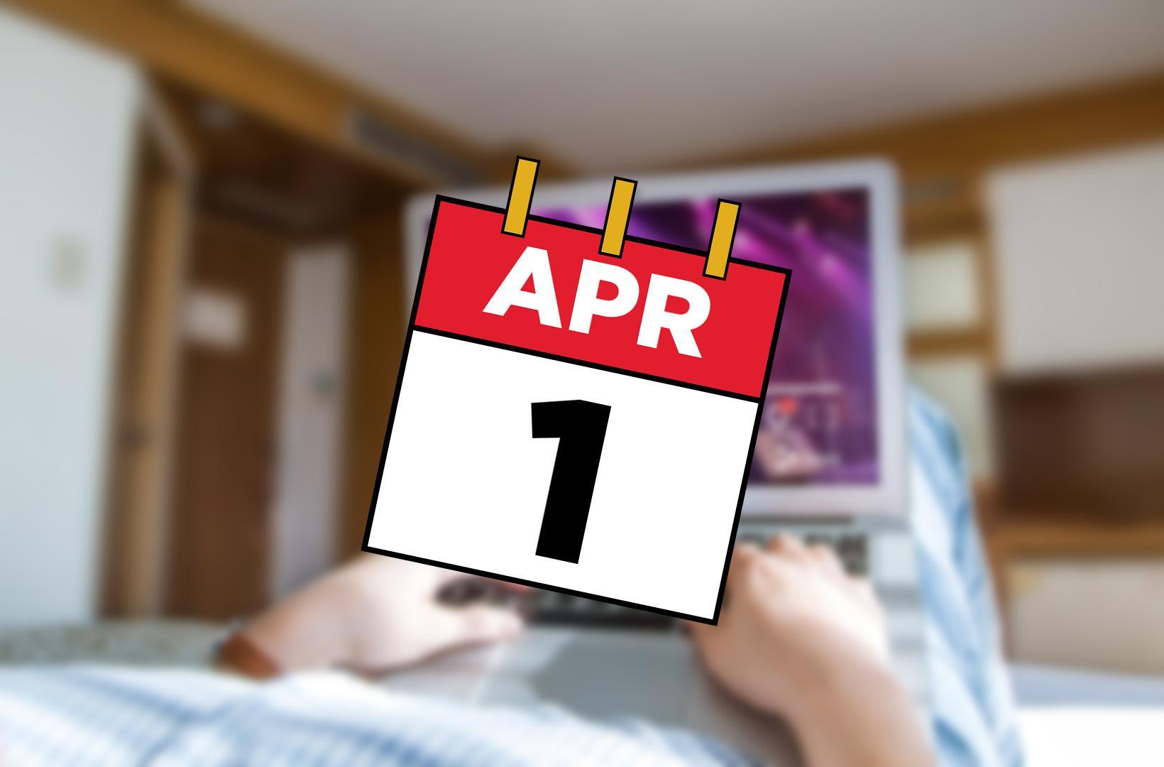 April 1st calendar graphic superimposed over an image of someone using a laptop