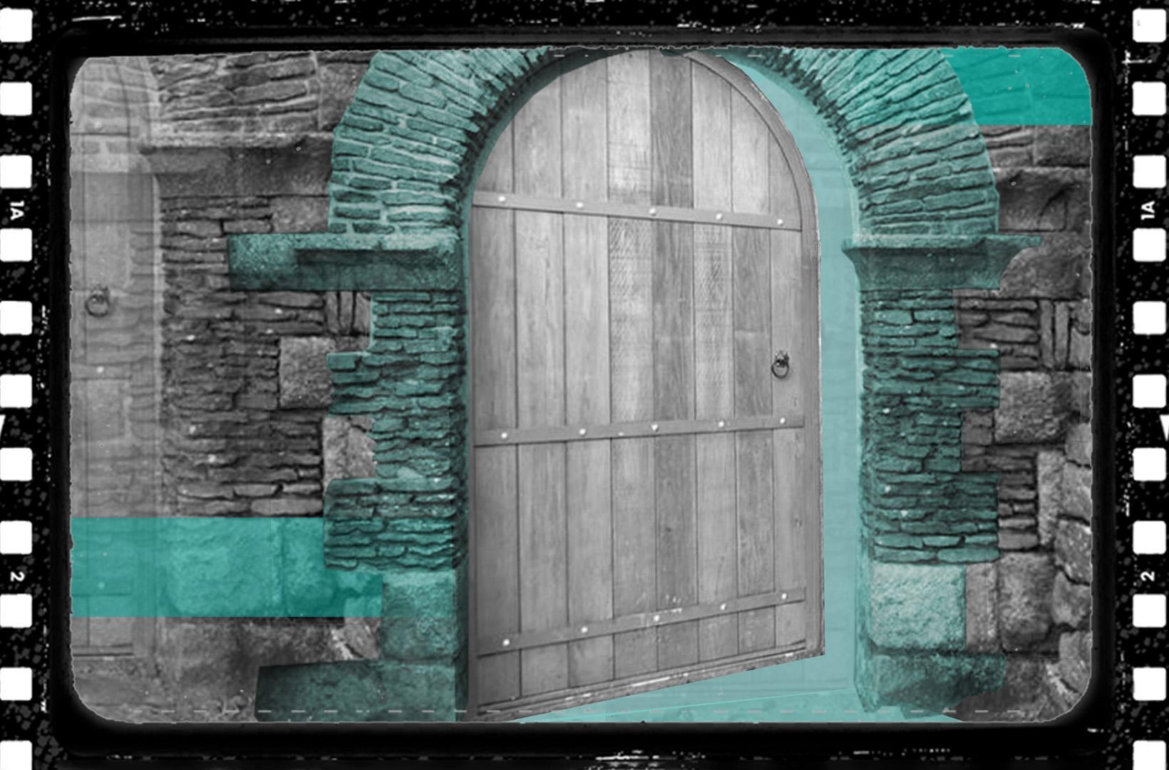 Promotional artwork for 'Behind Closed Doors' featuring a black and white photo of a large wooden door in a stone building, slightly ajar, with blue shapes digitally overlaid onto it. A celluloid film frame has also been overlaid onto the image to make it look cinematic.