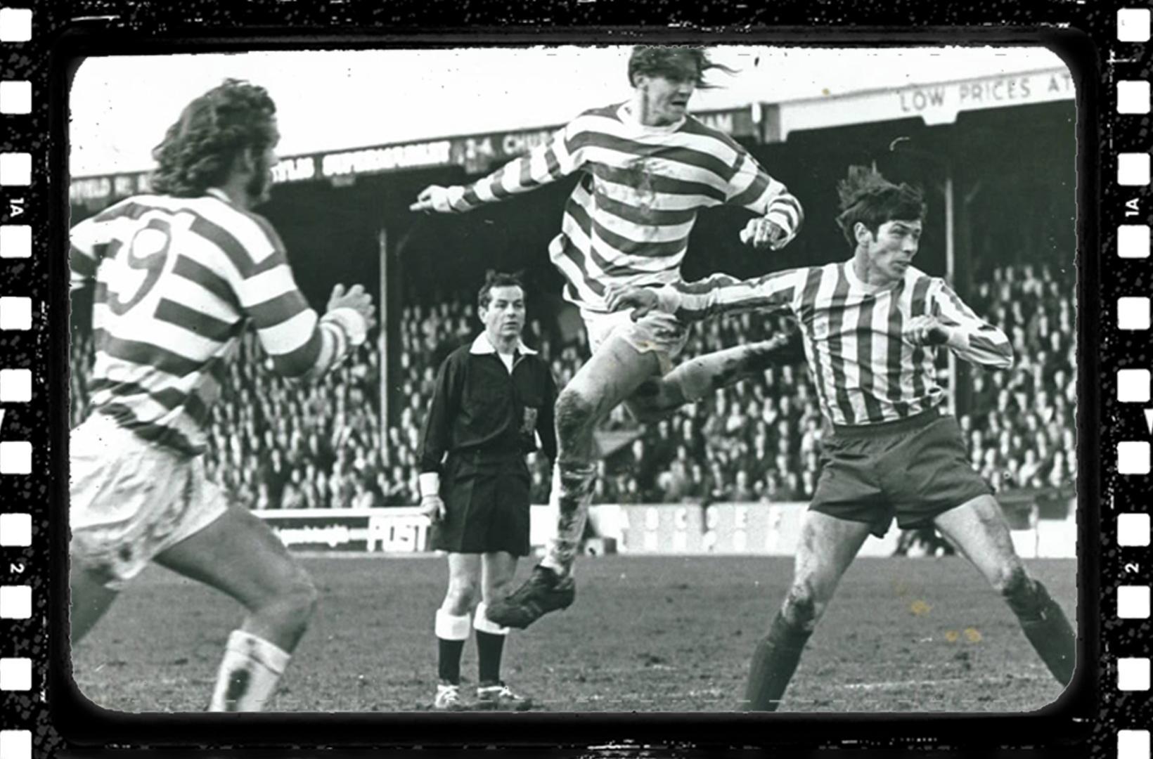 Black and white photo of a 1970s Reading FC football match, with an old fashioned celluloid film frame overlaid onto it