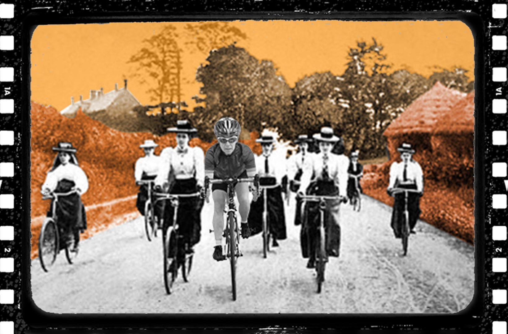 Promotional artwork for 'On Track', showing a photograph of Victorian era women on bicycles on a rural road. A woman dressed in modern cycling gear is in the centre of the group. There is a celluloid film frame overlaid onto the image so it looks cinematic.