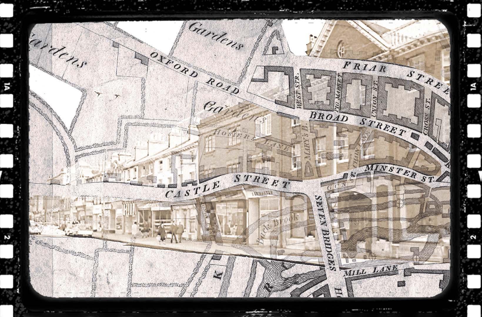 Sepia toned map showing the Oxford Road area in Reading. A celluloid film frame has been overlaid onto the image to make it look cinematic.