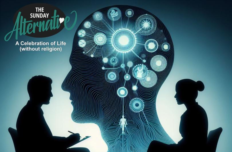 2 silhouetted people in interview with a large silhouetted head behind showing the workings of the brain