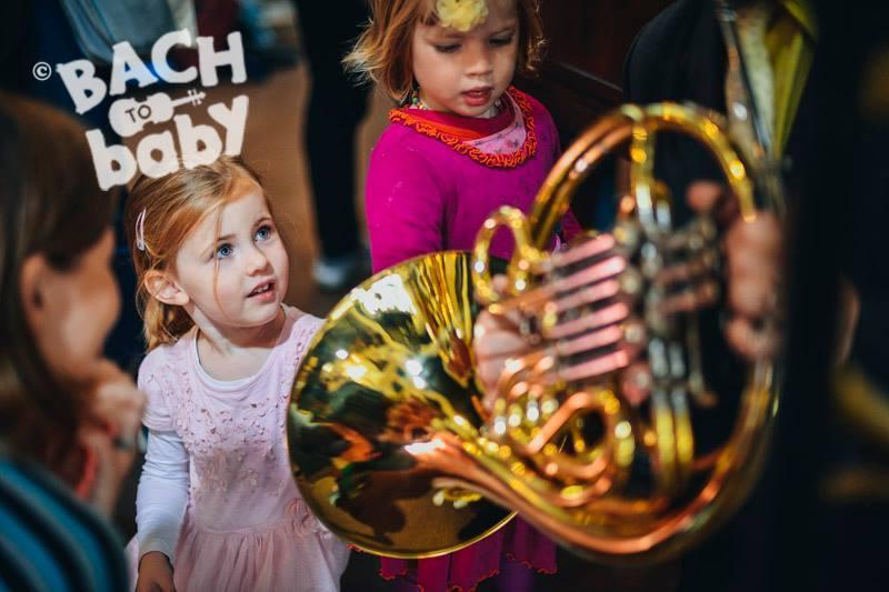 Child looking at a French Horn during a Bach to Baby concert