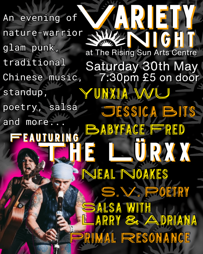 Poster for The Rising Sun Variety Night with a photo of folk punk duo the Lurxx and info about the event