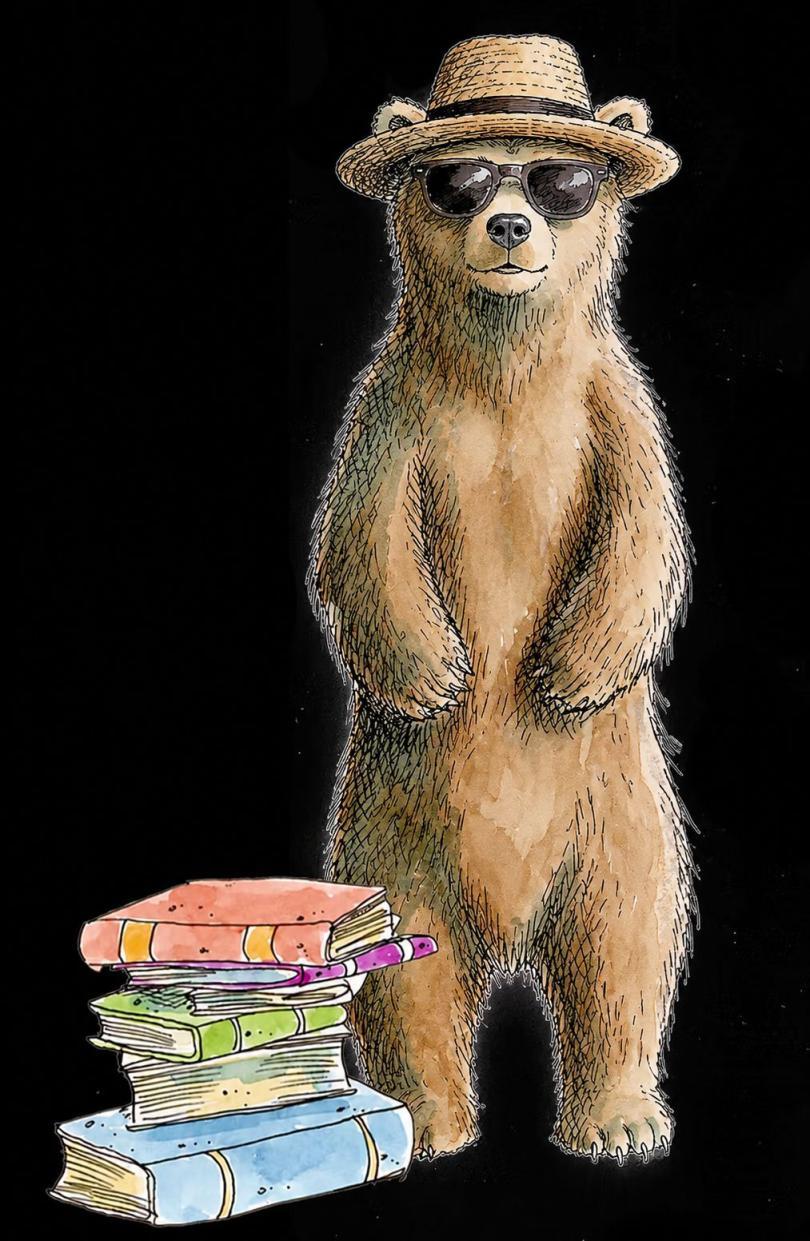 A drawing of a bear in shades stood next to the drawn pile of books