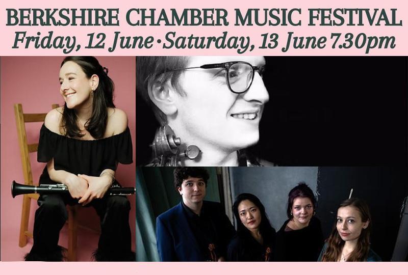 Photos of musicians Poppy Beddoe with a clarinet, James Flannery with a viola and the Brompton Quartet with their instruments
