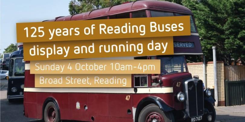 Image of a vintage bus with "125 years of Reading Buses display and running day" over the top