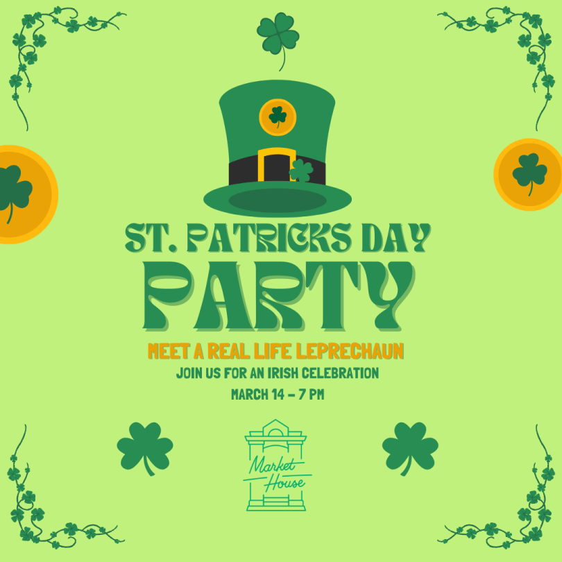 St. Patrick’s Day party poster with green hat and shamrocks; March 14, 7pm.