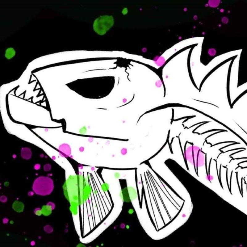 Black and white Stylised fish with sharp teeth and fins below; small splodges of neon green and purple splatter the image