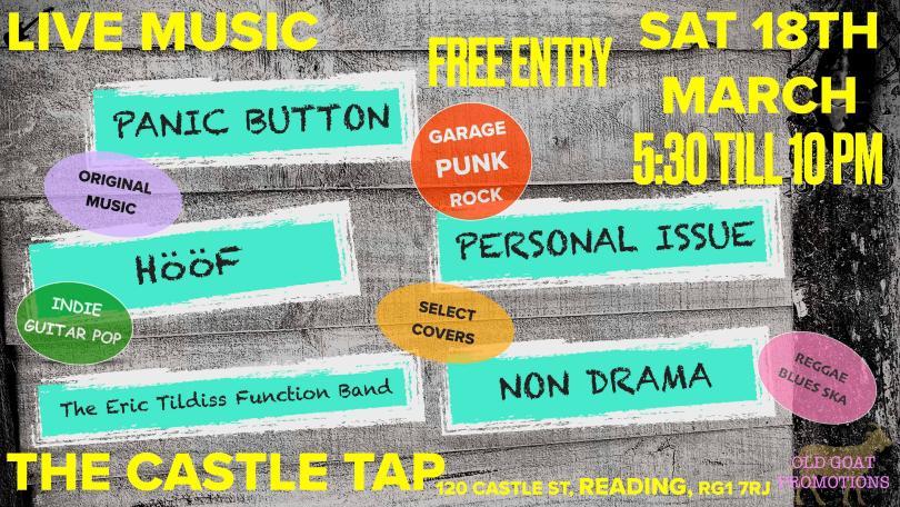 Poster image of planks with yellow text top and bottom listing event venue and times and pale blue flashes across the middle with band names on