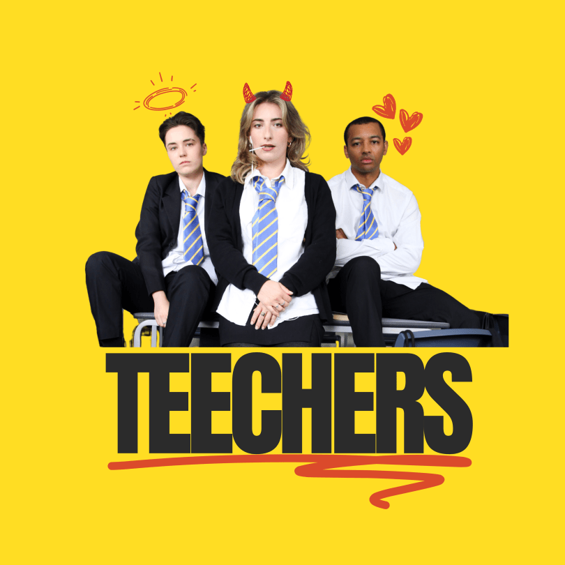 Three young people in school uniforms sit on desks against a bright yellow background, with playful doodles (a halo, devil horns and hearts) above their heads. Below them, the bold title “TEECHERS” appears in large black text with a red underline.