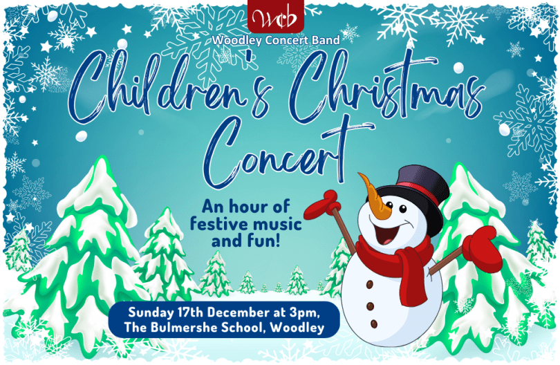 Children's Christmas Concert Poster featuring snow-covered trees and a cheery snowman