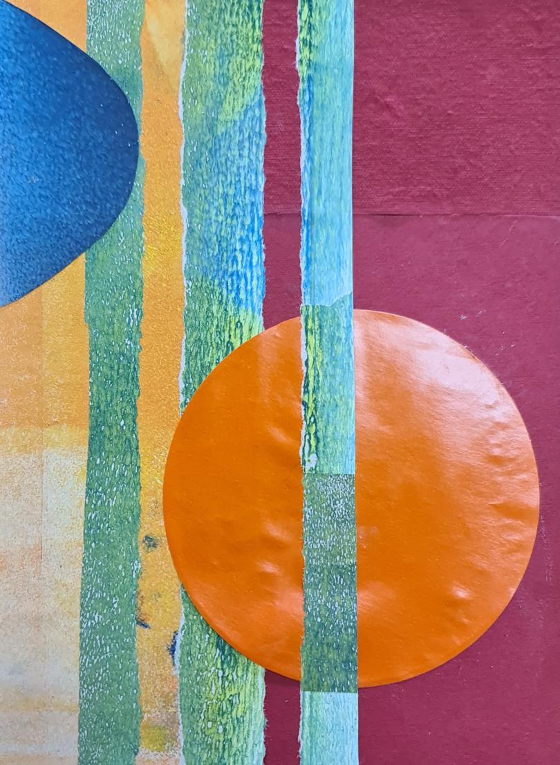 Bright collage artwork with circles and stripes