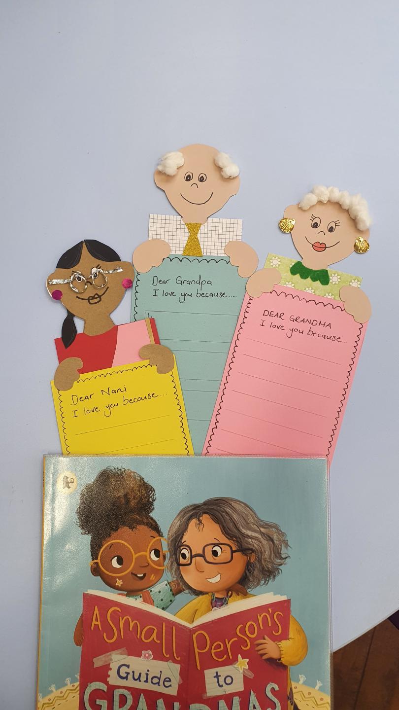 Image of three hand made bookmarks topped by image of grandparents