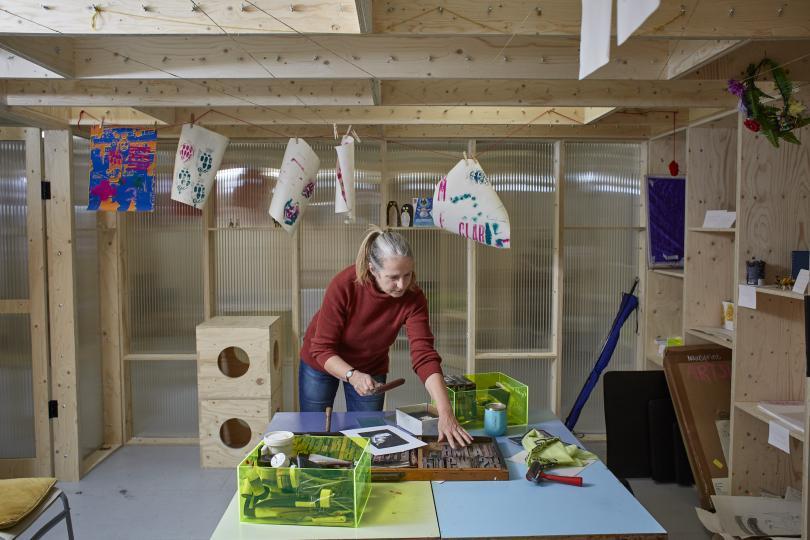 lady printmaking in studio 