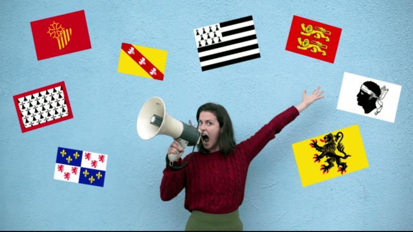 Woman surrounded by regional flags