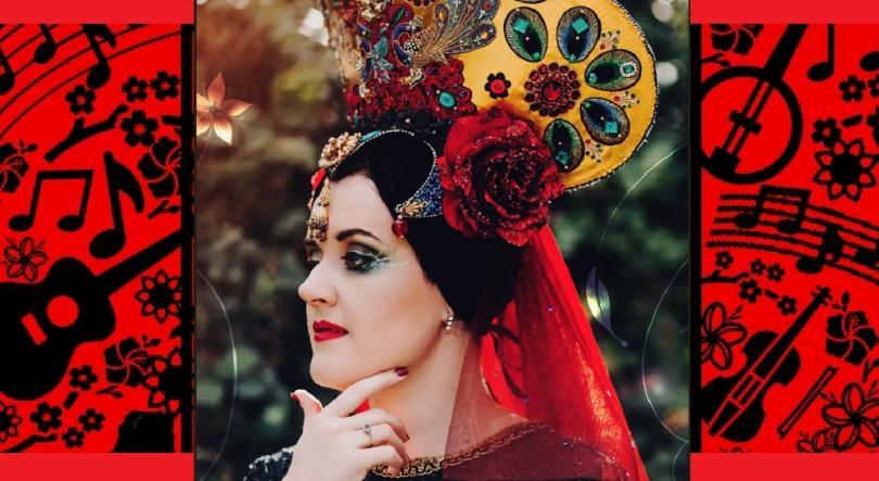 Colourful image of the singer Daria Kulesh. Daria is looking to the side with her chin resting on her hand. Daria's eyes are made up with dark, dramatic colours, and her lips are red. Daria also has red streaks in her black hair and her hair is decorated with a red flower shape. Around the photograph black shapes of instruments, musical notes and flowers are against a red background that echoes Daria's colours.