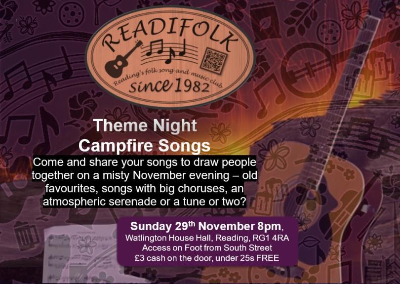 Poster advertising Readifolk's Campfire Songs session. Colours are dark and autumnal with warm oranges and reds. In the foreground is a guitar ready to be played.