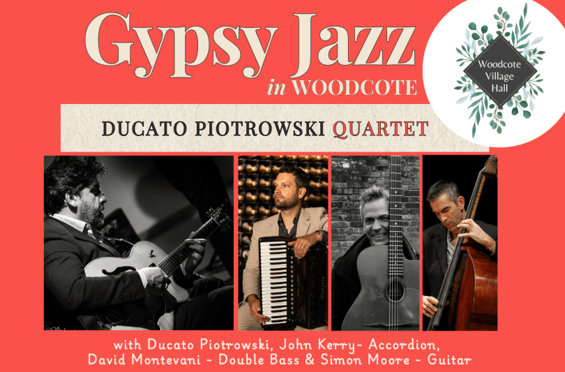 Poster for Gypsy Jazz event with photos of the members of the Ducato Piotrowski Quartet