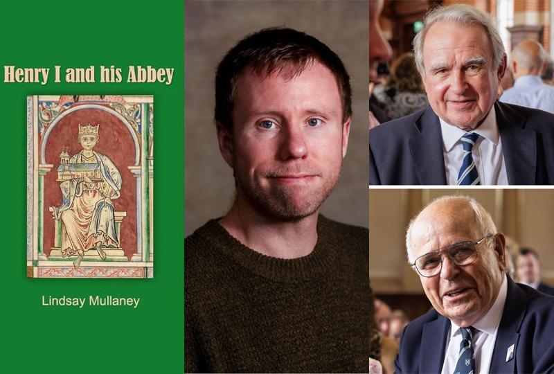 Montage of images - the cover to the book Henry I and his Abbey; a thirty-something man with short hair and a brown jumper; and two middle-aged balding men in blue suits