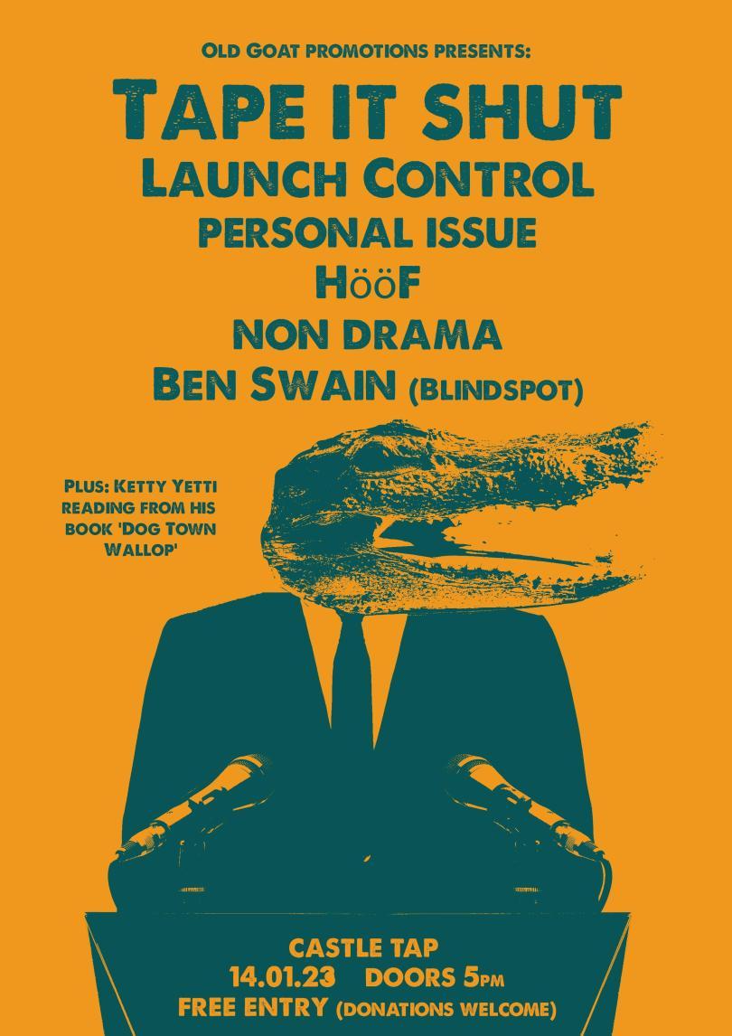 Yellow background poster; dark greenish writing lists the performers above an image of a suited individual with an Alligator head behind a press lectern