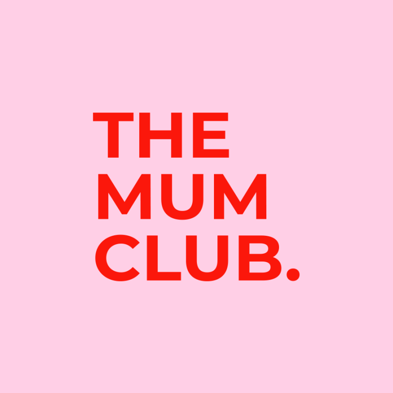 "The Mum Club" written in red against a pink background