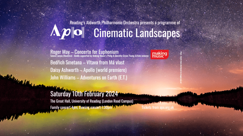 leaflet including programme, background photo of sunset at the lake 