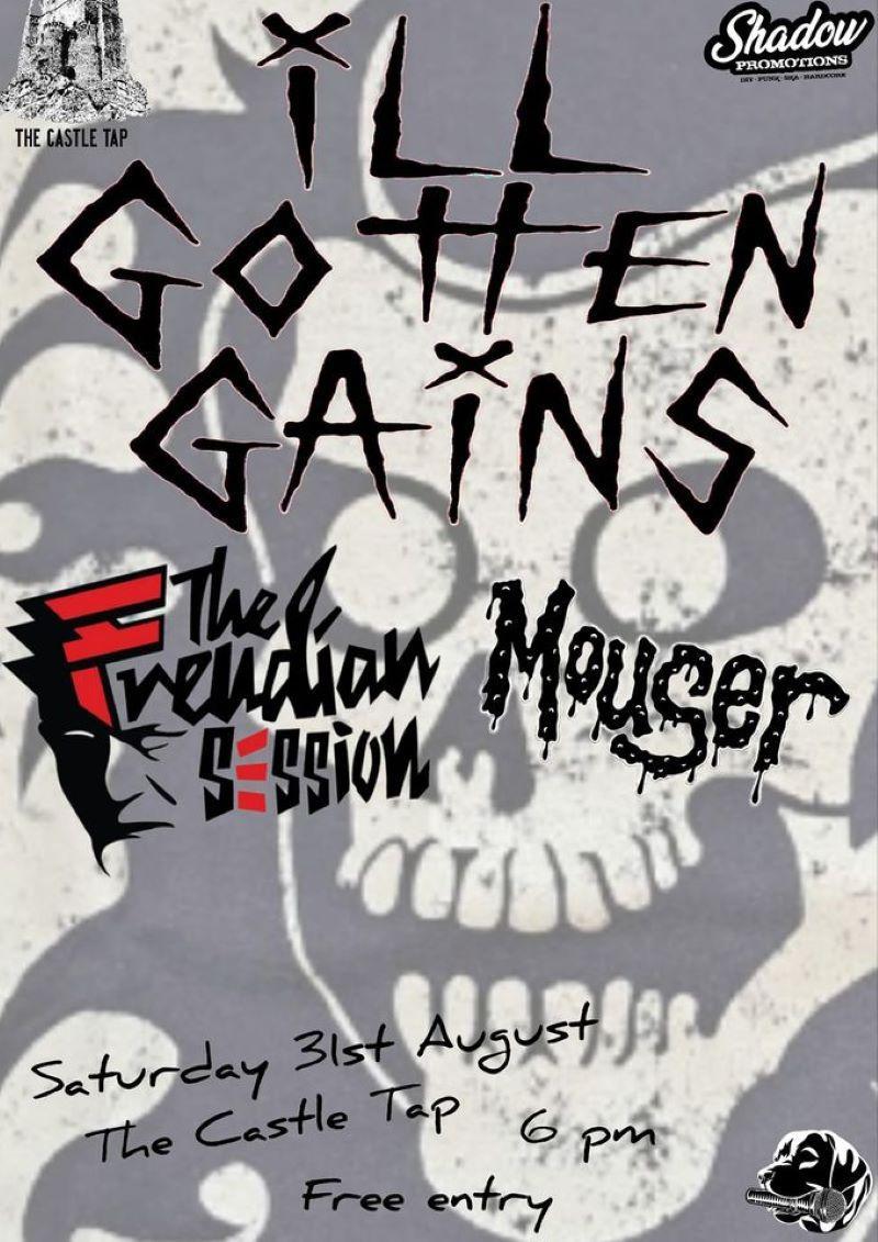 Gig poster with a grey and white skull background