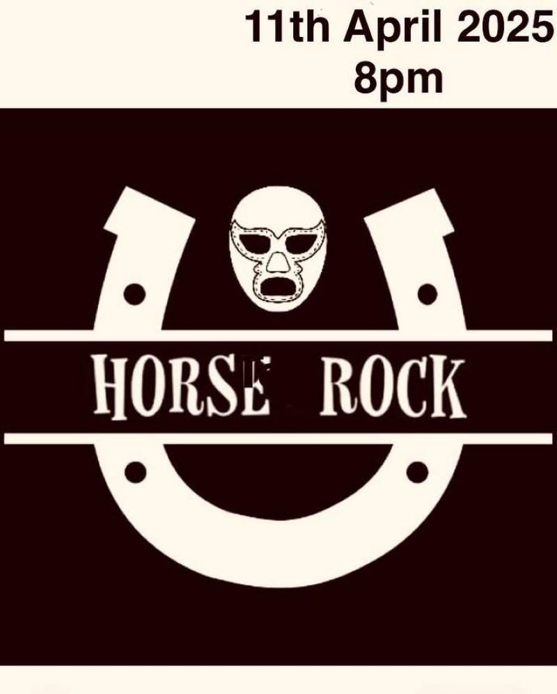 A logo style white horseshoe open end up on a black background with a luchador mask  in the opening. The words "Horse Rock" are in white in a black banner that cuts horizontally across the middle 