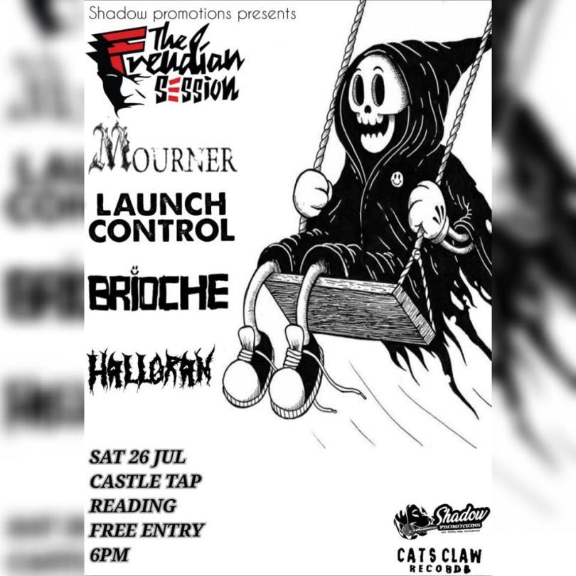 Poster with a cartoon figure of Death on a swing on the right hand side and a list of bands on the right