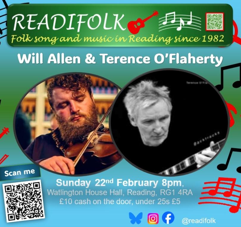 Colourful image advertising Will Allen and Terence O'Flaherty at Readifolk. There are photos of Will Allen playing fiddle and Terence O'Flaherty playing guitar. There are images of musical notes and the words "folk song and music in Reading since 1982". There are logos for Facebook, Instagram and Bluesky and the handle @readifolk.