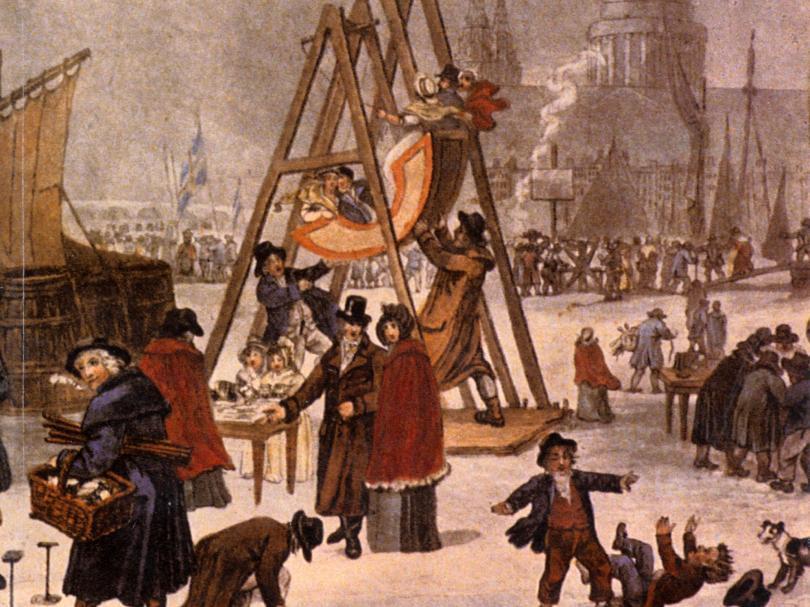 A frost fair on the frozen River Thames in London