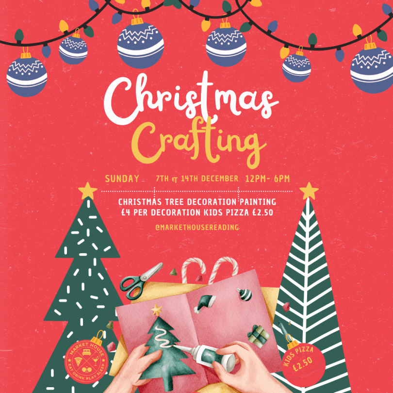 Christmas Crafting advertisement for December 7th & 14th, 12pm-6pm, detailing prices for decoration painting and kids' pizza.