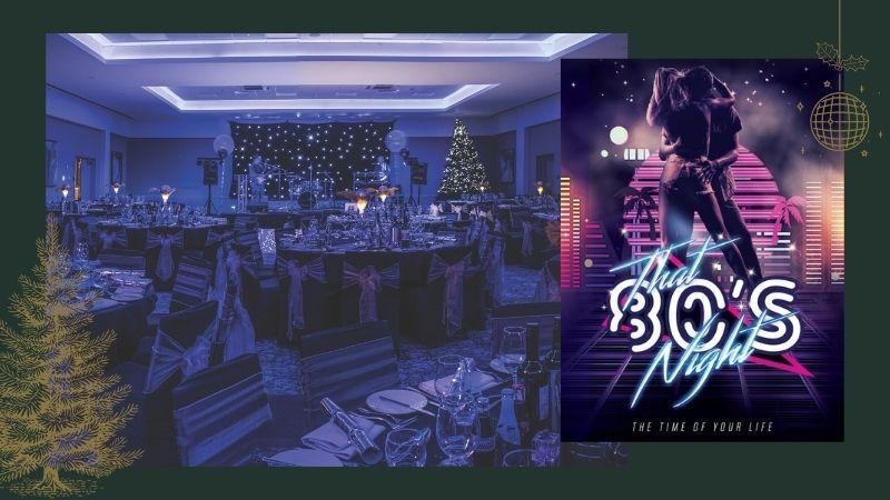 The image shows two photos. The main image shows a room set up for a Christmas party. The second smaller image shows the 80s band.