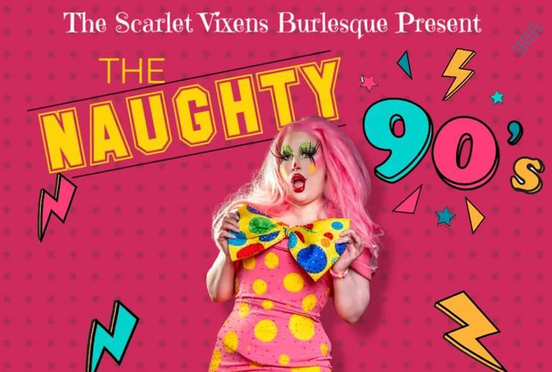 Poster with a burlesque performer in a Mr Blobby-inspired plastic dress and 90s style graphics