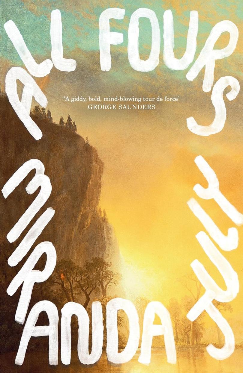 book cover with landscape with sun and white text