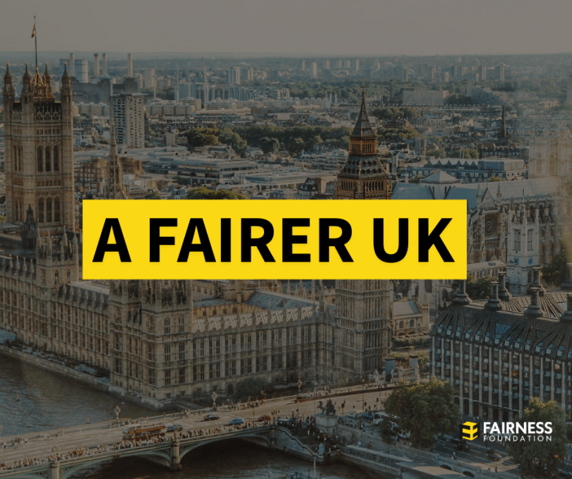 Picture of London with a banner saying 'A FAIRER UK'