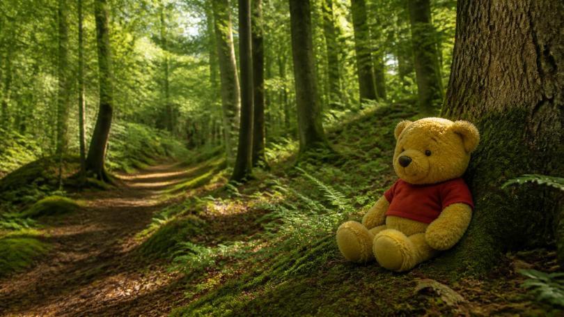 A woodland image with Winniethe-Pooh leaning against a tree in the right foreground
