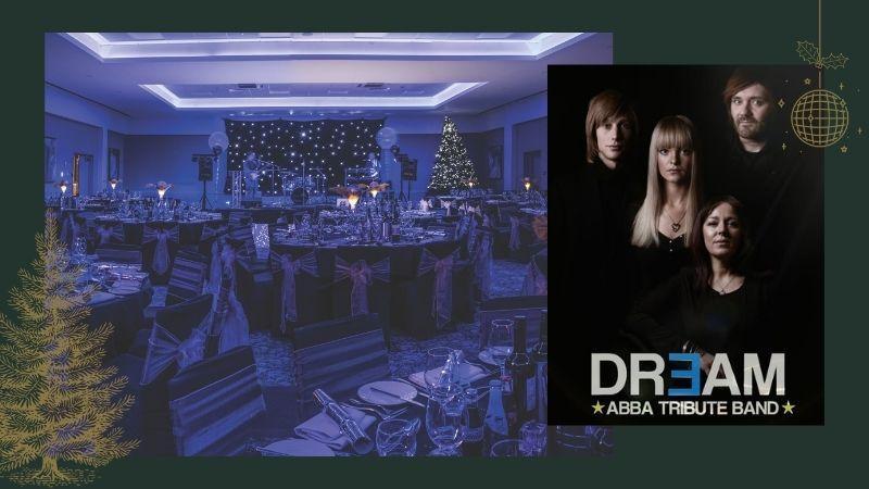 The image shows two photos. The main image shows the room set up for a Christmas party and the smaller image shows a photo of the tribute band.