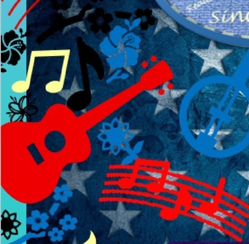 Images of musical instruments (guitar and banjo) and musical notes on a background of stars from the American flag. The colours are red, white and blue like the American flag.