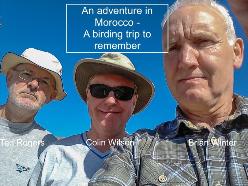 Head and shoulders photo of three middle-aged white males in hats and sunglasses against a clear blue sky
