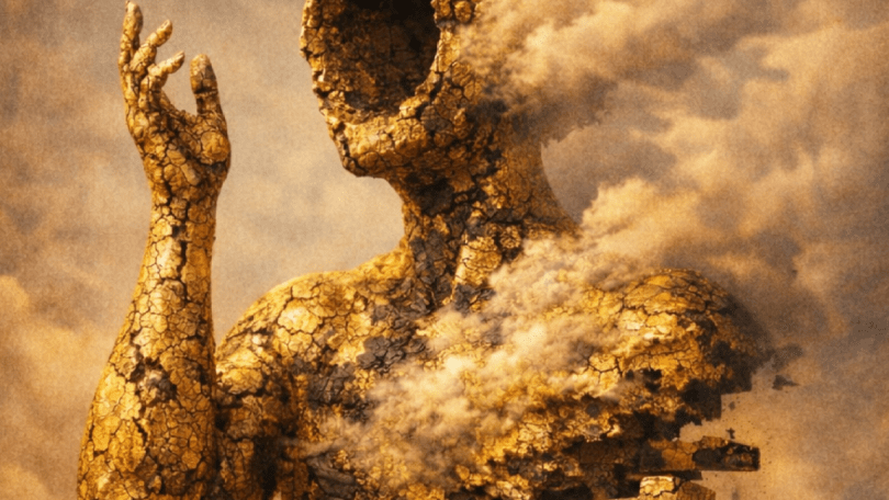 Sculpture of a humanoid figure with a big hole where its face should be