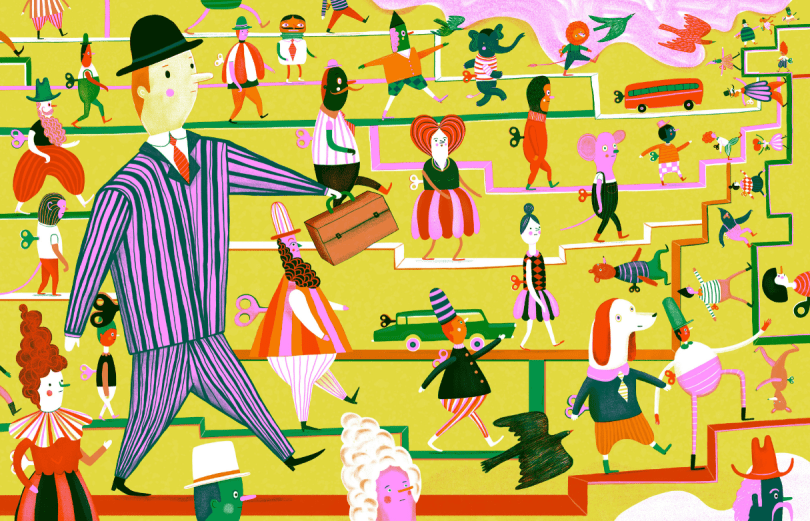 Character walking on a yellow background