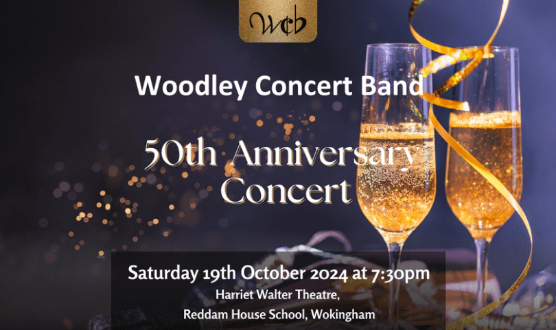 Banner image for 50th Anniversary concert with two glasses of champagne and concert text.