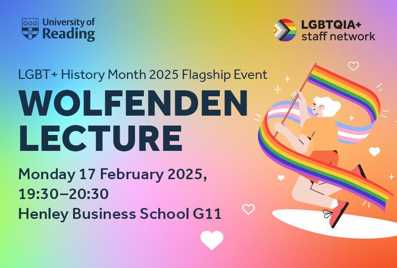 Banner for Wolfenden Lecture with rainbow coloured background and graphics of Pride flags