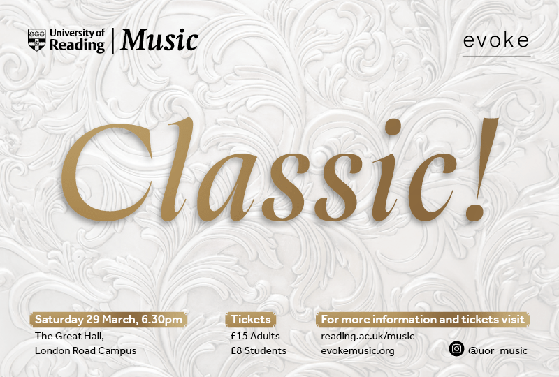 Poster for Classic! concert, with the title in gold against a white background