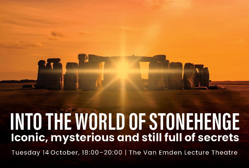Stonehenge at sunrise with the words "Into the World of Stonehenge"