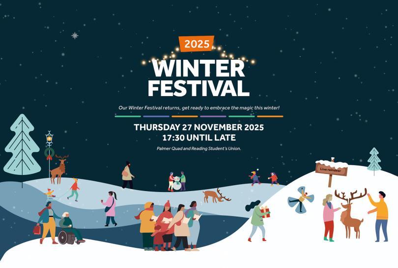 University of Reading Winter Festival artwork, with cartoon people having all manner of fun in a snowy scene