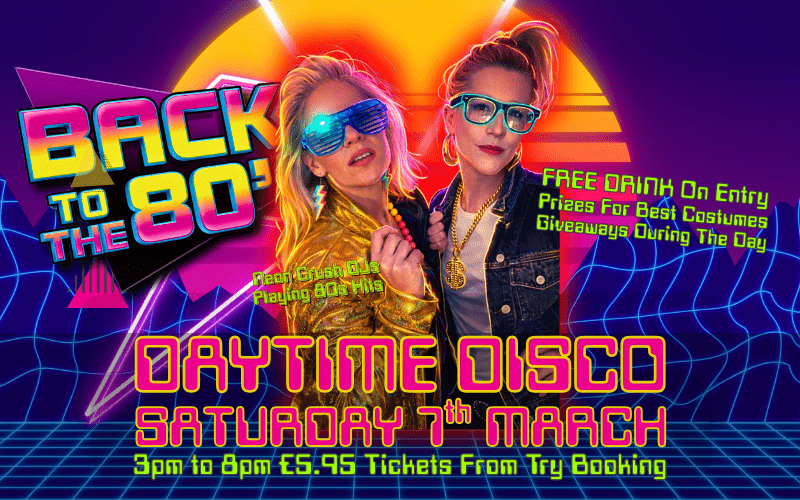 DJ duo 'Neon Crush' take you 'Back To The 80s' with a daytime disco that will get you footloose and walking like an Egyptian.  Classic floorfillers from the decade will give you electric dreams and make you hungry like the wolf.  The Purple Turtle will transform into Club Tropicana where, yes, the first drink is free!  Five hours of ghostbustin', jam pumpin', crowd stompin' 80s bangers delivered by two girls who will turn Reading into Funky Town.  - Price includes Free Drink on Entry  - Prizes for Best Cost
