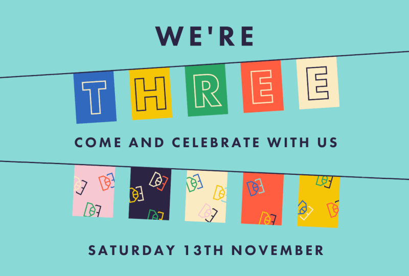 Poster for double-barrelled brewery third birthday party with illustration of birthday cards on a string